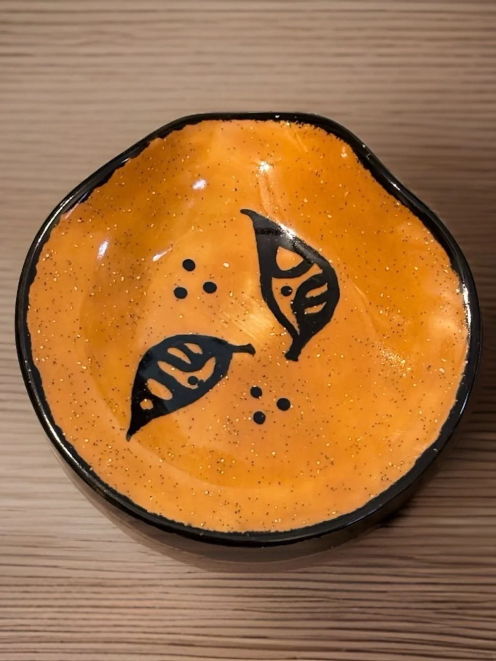 Vintage Studio Pottery Spoon Rest Orange Black Abstract Leaf MCM Handmade